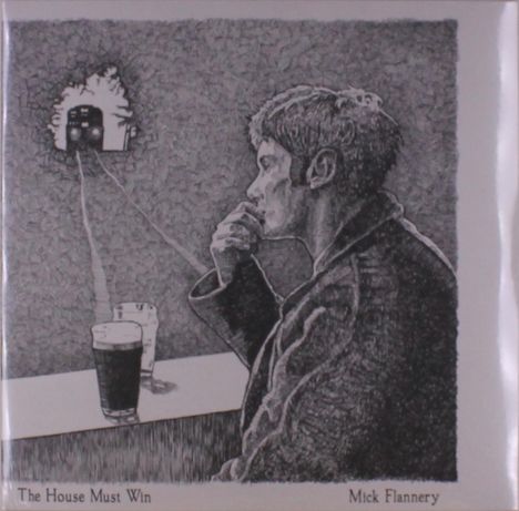 "The House Must Win. Mick Flannery." Illustration eines nachdenklichen Mannes an einem Tisch mit einem Zug im Hintergrund.