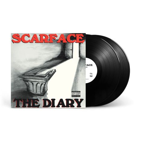 Text: "SCARFACE, THE DIARY". Illustration mit offenen Buch auf einem Sockel und Lichtstrahl durch eine Tür.