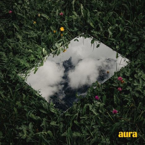 Text "aura" in Gelb. Ein Spiegel zeigt bewölkte Berge, umgeben von grünem Gras und Blumen.