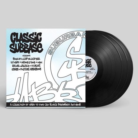 "Classic Subbase" oben, darunter Künstlerliste. Unten: "A collection of hard to find old school breakbeat anthems." Schallplatte neben Cover.