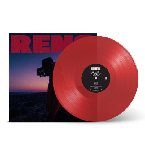 Auf dem Cover steht "RENO". Rote Vinyl-Schallplatte vor einem Hintergrund mit Sonnenuntergang und einer Silhouette mit Hut.