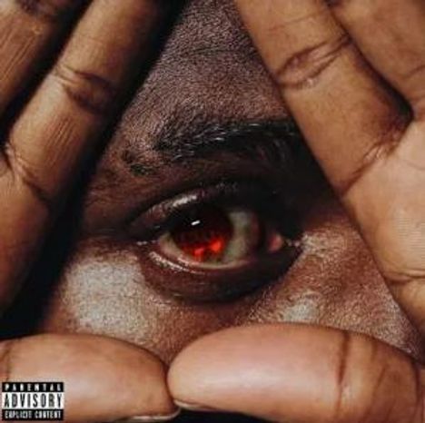 „Parental Advisory Explicit Content“ in der Ecke. Auge hinter gespreizten Fingern sichtbar.
