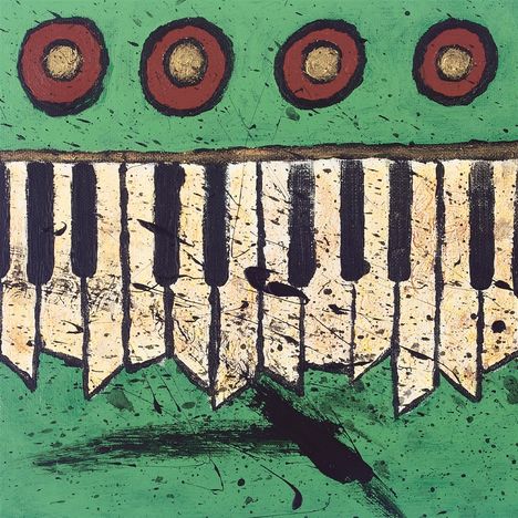 Illustration von Klaviertasten auf grünem Hintergrund mit roten Kreisen.