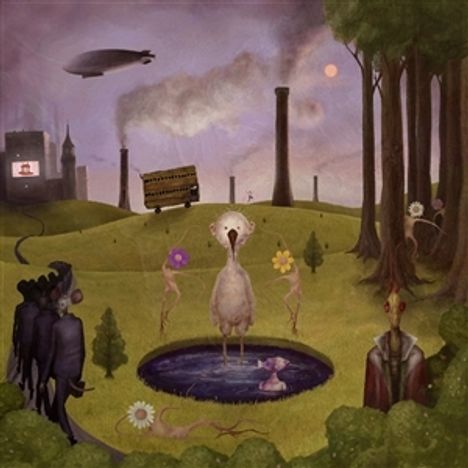 Industrie-Landschaft mit Schornsteinen, Fantasiewesen und Bäumen, Illustration mit surrealen Elementen.