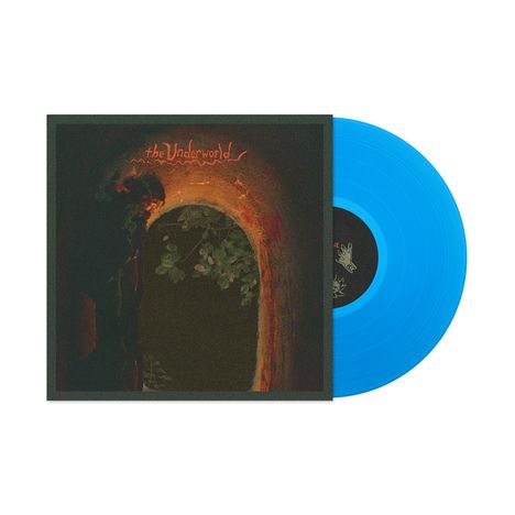 Text: "the Underworld." Ein dunkles, mystisches Gemälde mit einem beleuchteten Torbogen. Rechts eine blaue Vinyl-Schallplatte.