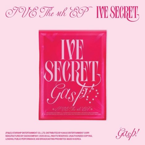 "IVE The 4th EP", "IVE SECRET", "Gasp!". Ein leuchtend pinker Hintergrund mit weißen Texten.