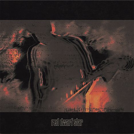 Text unten: "red dwarf star". Abstrakte, verzerrte Darstellung in Rot- und Schwarztönen.