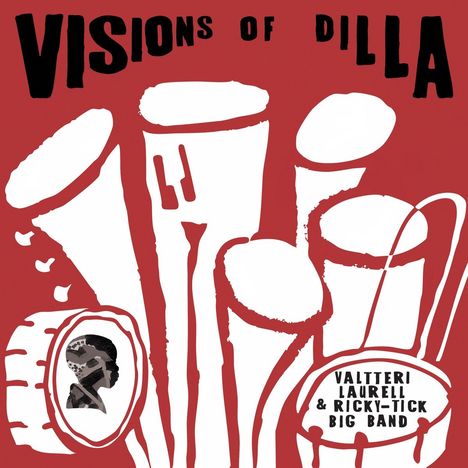 „VISIONS OF DILLA“, weiß-rot, mit abstrakten Instrumenten und Silhouette im Stil eines Gemäldes.