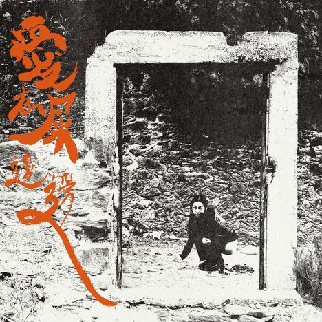 Text in oranger Farbe rechts oben. Schwarz-weißes Foto einer Frau, die in einem alten Steintor hockt.