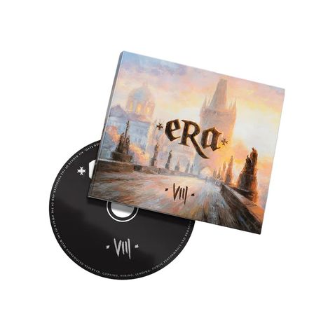 Text: "Era", "VII". Albumcover mit Stadtlandschaft, Sonnenuntergang und gotischer Architektur. Eine CD ragt heraus.