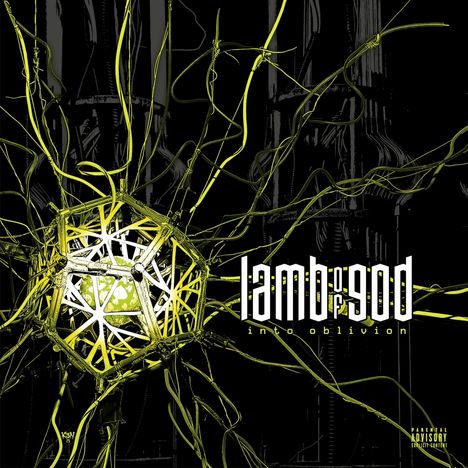 „lamb of god“, „into oblivion“. Gelbes, netzartiges Geflecht strahlt von einem zentralen Punkt aus.