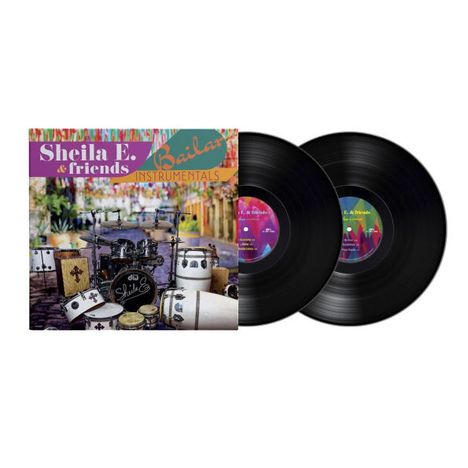 "Sheila E. & friends Baila! INSTRUMENTALS." Albumcover mit zwei schwarzen Schallplatten und Musikinstrumenten.