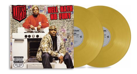 Albumcover mit zwei Männern vor einer Herdkulisse, gelbe Vinylplatten rechts. "HELL HATH NO FURY" in roten Buchstaben.