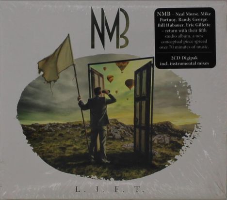 CD-Cover mit einem Mann, der durch Türen auf einer Wiese schaut. Am Himmel sind Heißluftballons sichtbar.