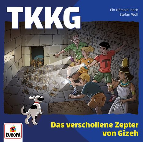 TKKG. Das verschollene Zepter von Gizeh. Ein Hund und vier Kinder fliehen vor Skorpionen in einer ägyptischen Kammer.