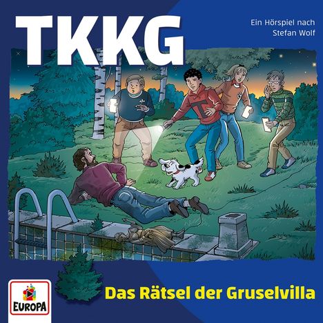 "TKKG" und "Das Rätsel der Gruselvilla". Vier Jugendliche und ein Hund finden einen liegenden Mann im Wald, es ist eine Illustration.