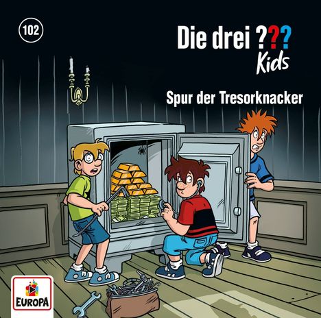 "Die drei ??? Kids: Spur der Tresorknacker." Drei Kinder stehen vor einem offenen Tresor voller Gold und Geld.
