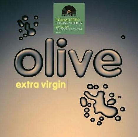 „Remastered 30th Anniversary, 2LP Set on Olive Coloured Vinyl“, „olive“, „extra virgin“. Tropfenartige Musterung.