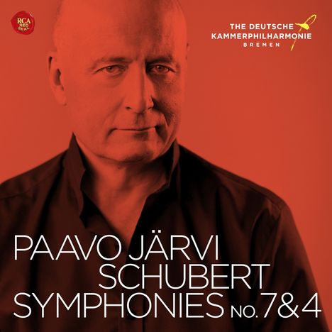 PAAVO JÄRVI SCHUBERT SYMPHONIES NO. 7 & 4. The Deutsche Kammerphilharmonie Bremen. Rote Farbgestaltung, Porträt eines Mannes.