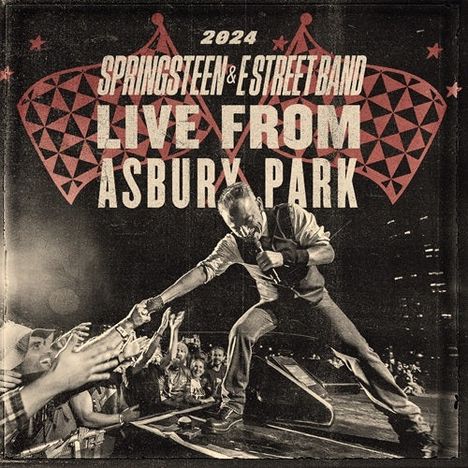 2024 Springsteen & E Street Band, Live from Asbury Park. Ein Musiker auf der Bühne reicht Fans die Hand. Retro-Stil.