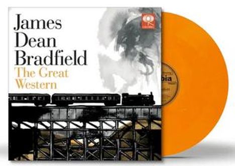 "James Dean Bradfield The Great Western" in schwarzer Schrift. Gelbe Vinylplatte und stilisierte Zugabbildung.