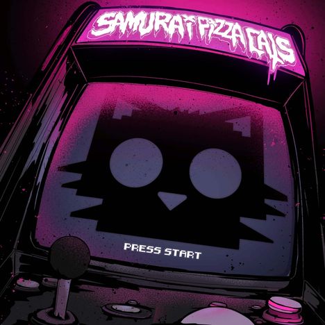 „SAMURAI PIZZA CATS" und „PRESS START", Retro-Arcade-Spieleautomat mit Katzenmotiv, violette und pinke Farbtöne.