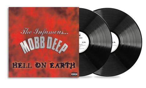 "The Infamous Mobb Deep, Hell On Earth." Zwei schwarze Schallplatten, Hintergrund in Rot-Orange.