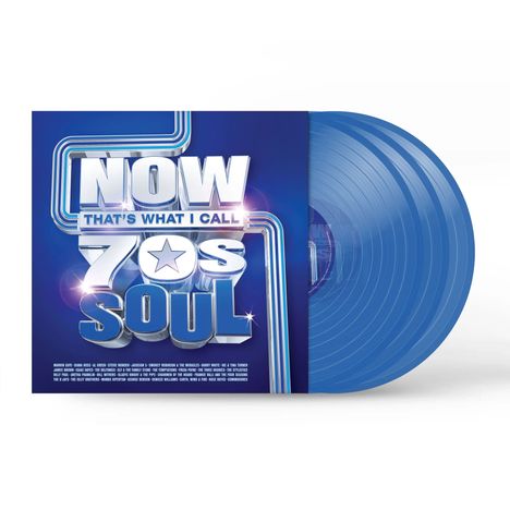 „NOW THAT'S WHAT I CALL 70s SOUL“ steht groß auf einem blauen Albumcover mit einer blauen Vinyl-Schallplatte.