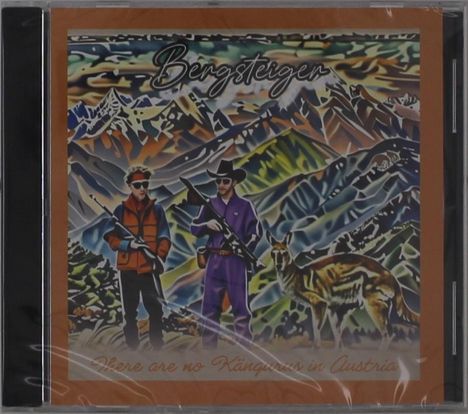 "Bergsteiger" oben, "There are no Kangaroos in Austria" unten. Illustration mit zwei Personen und einem Känguru vor Bergen.