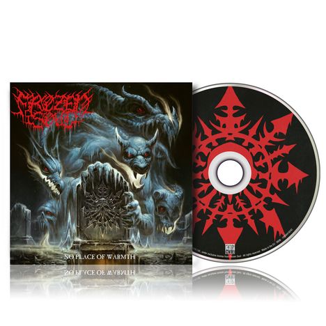 „NO PLACE OF WARMTH“. Bedrohliche Kreaturen. CD mit rotem Muster auf schwarzem Hintergrund.