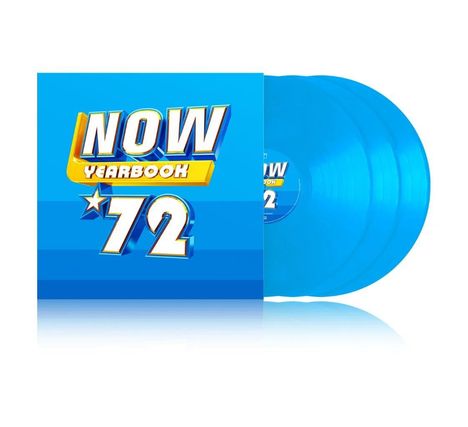 Text: "NOW YEARBOOK 72". Illustration eines blauen Albums mit drei blauen Schallplatten.