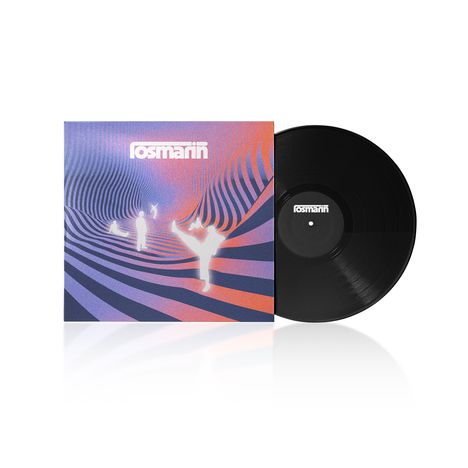 Text: "Rosmarin" oben links auf einem Albumcover. Schwarz-violette Vinylplatte, Wellenmuster und Silhouetten von Tänzern.