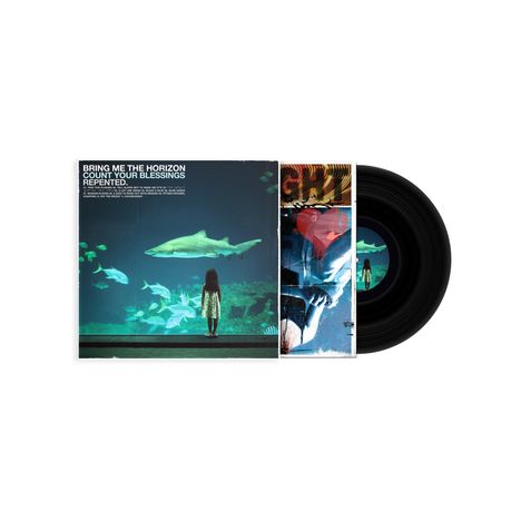 Schrift oben links: "BRING ME THE HORIZON, COUNT YOUR BLESSINGS." Mädchen schaut im Aquarium auf Haie. Vinyl-Scheibe sichtbar.