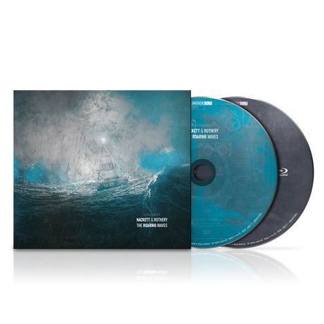 Cover und CDs mit den Texten: "HACKETT & ROTHERY", "THE ROARING WAVES". Illustration mit stürmischer See und Wolken.