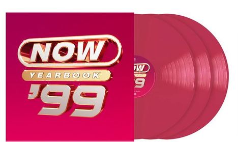 „NOW YEARBOOK '99“, drei pinke Schallplatten mit einem nummerierten Druck, auf rotem Hintergrund.