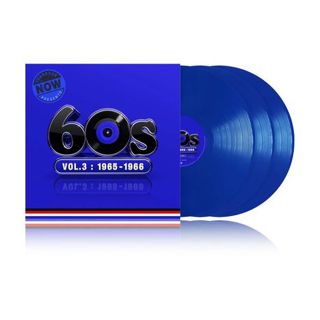 "60s VOL. 3: 1965-1966" auf blauem Hintergrund, drei blaue Vinyl-Schallplatten, farbliche Linien unten.
