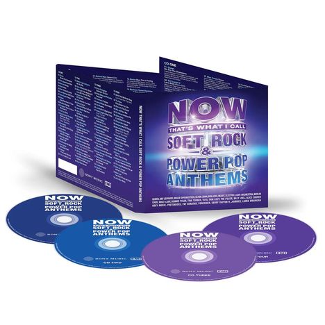 Text: "NOW THAT'S WHAT I CALL SOFT ROCK & POWER POP ANTHEMS". Drei CDs und eine geöffnete Hülle sind sichtbar.
