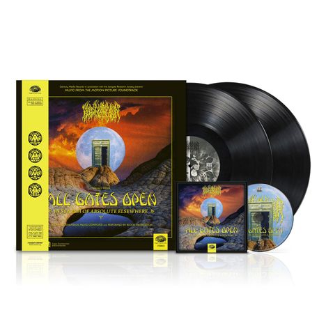 "All Gates Open: In Search of Absolute Elsewhere". Stilvolle Illustration mit Tür in surrealer Landschaft, Vinyl und CD.