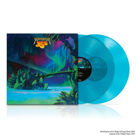 "Aurora Yes" in leuchtenden Farben, zwei türkisfarbene Vinylplatten, bunte Landschaft mit Polarlichtern.