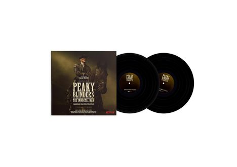 "Peaky Blinders: The Immortal Man" Soundtrack-Cover und zwei schwarze Vinyl-Schallplatten mit Textaufdruck.