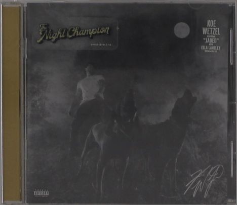 Text: "The Night Champion", "Koe Wetzel", "Jaded", "Ella Langley". Schwarz-weißes Foto von einem Reiter auf einem Pferd bei Nacht.