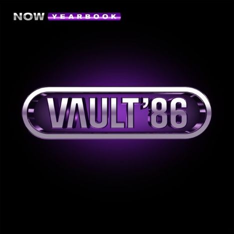 Text: "VAULT '86" in lila Rahmen und "NOW YEARBOOK" in grau und lila oben links auf schwarzem Hintergrund.
