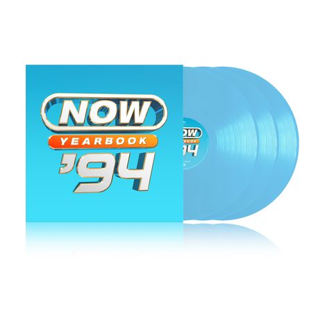 „NOW YEARBOOK '94“ steht auf einem blauen Albumcover mit drei blauen Schallplatten daneben.