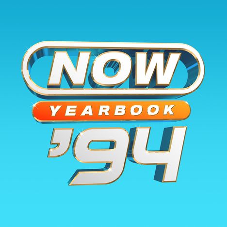 Text: "NOW YEARBOOK '94". Glänzender 3D-Schriftzug auf blauem Hintergrund.