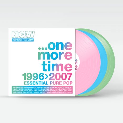 Text: "NOW...one more time 1996>2007 ESSENTIAL PURE POP." Farbige Vinylplatten in Pink, Grün und Blau.