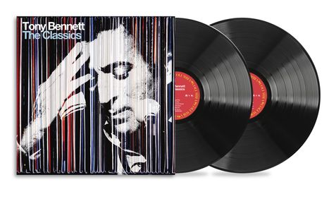 "Tony Bennett The Classics" steht oben. Darunter eine monochrome Illustration von Tony Bennett. Zwei Schallplatten sind sichtbar.