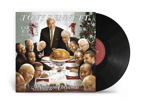 "TONY BENNETT Featuring The COUNT BASIE Big Band" steht oben, "A Swingin’ Christmas" unten. Menschen um einen Truthahn.