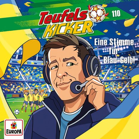 „Teufelskicker 110: Eine Stimme für Blau-Gelb!“ Illustration eines Moderators mit Headset im Stadion. Logo unten links.