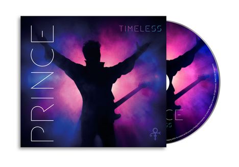 „PRINCE“, „TIMELESS“ in Neonfarben. Silhouette einer Person mit Gitarre vor lila-blauem Licht.