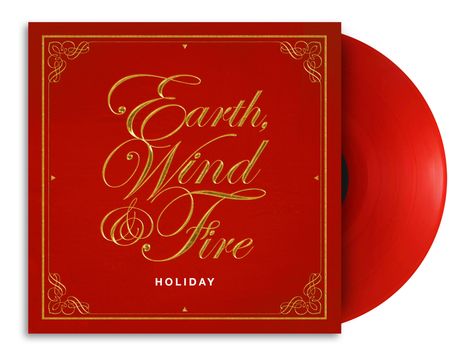 "Earth, Wind & Fire" in goldener Schrift auf rotem Hintergrund, darunter "Holiday". Ein rotes Vinyl ist teilweise sichtbar.